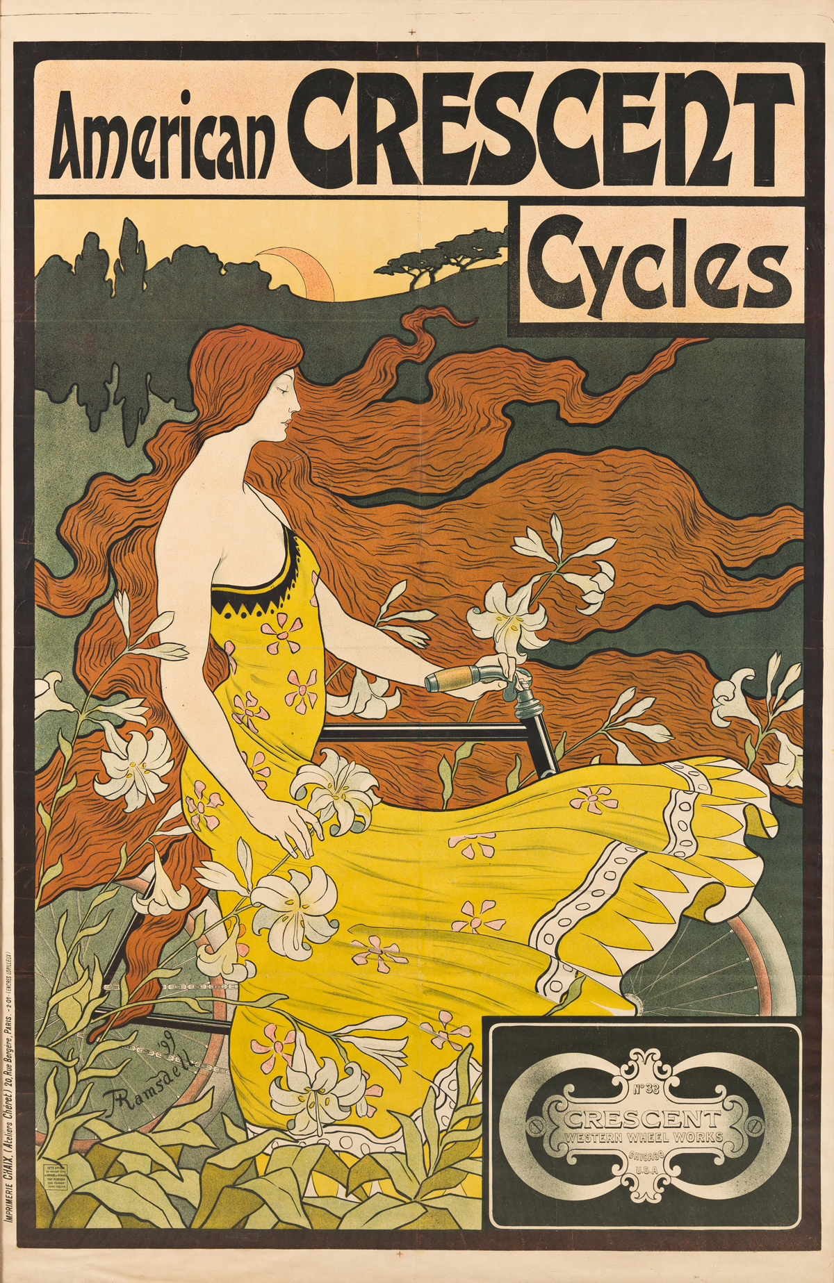 FREDERICK WINTHROP RAMSDELL (1865-1915).  AMERICAN CRESCENT CYCLES. 1899. 62½x41 inches, 158¾x104 cm. Chaix, Paris.